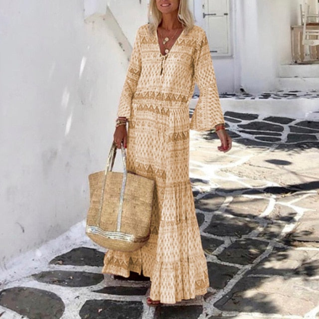 Women Vintage Geometric Print Long Party Dress Elegant Flare Sleeve Long Beach Dress  Sexy Spring Summer V Neck Maxi Dresses