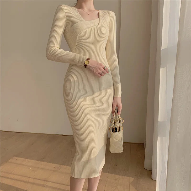 vmtvr Vintage Knitted Dress Women Autumn Long Sleeve Sweater Elegant Party Dress Office Lady Slim Female One-Piece Dress Korean