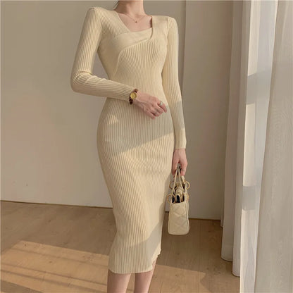 vmtvr Vintage Knitted Dress Women Autumn Long Sleeve Sweater Elegant Party Dress Office Lady Slim Female One-Piece Dress Korean