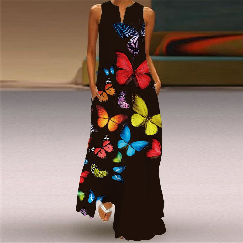 Vintage Print Women Sundress  Summer Fashion Sexy V-neck Sleeveless Long Dresses with Pocket Casual Lady Maxi Dress Vestidos