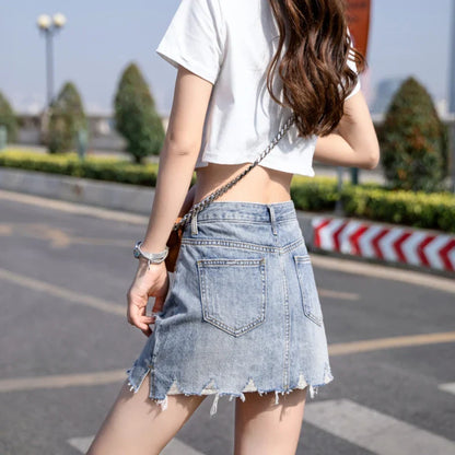 vmtvr Ripped Women Denim Skirt Summer High Waist Lined Jean Mini Skirt Korean A Line Casual Tassel Fashion Pocket Short Skirts