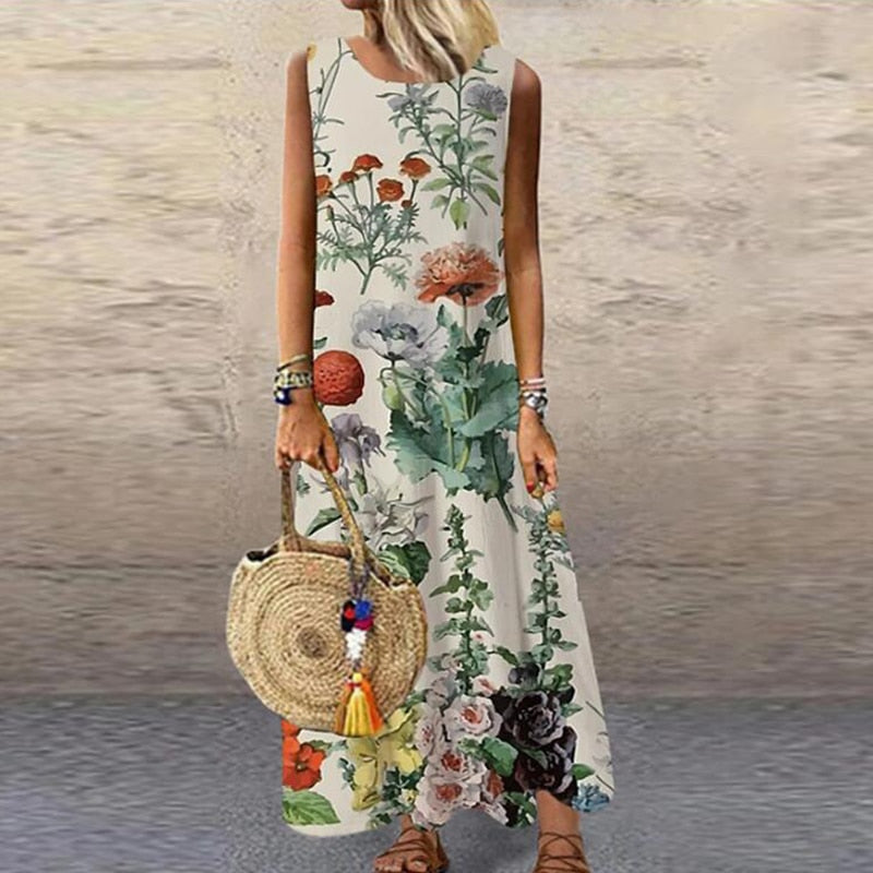 Vintage Floral Printed Women Sleeveless Sundress Summer Loose Casual Beach Long Dress Ladies Bohemia Maxi Dresses Party Vestidos