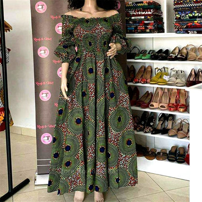 vmtvr African National Print Party Dress Women Casual Sexy Slash-neck Lady Maxi Dress New Vintage Long-sleeved Loose Elegant Dress