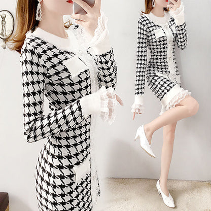 Plaid Plaid Aesthetic Casual Knitted Bodycon Lace Sweater Dress Winter Women Aesthetic Korean Fashion Long Woman Vintage Sexy