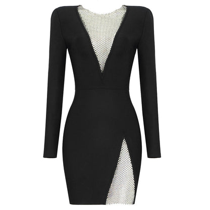 vmtvr -  New Summer New Women&#39;s Sexy V-neck Mesh Diamond Long Sleeve Bodycon Bandage Dress Fashion Celebrity Party Dress vestido