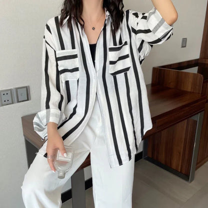 vmtvr Striped Women Shirts Summer Fashion Beach Sun Protection Long Sleeve Loose White Long Shirt Casual Korean Pocket Tops New