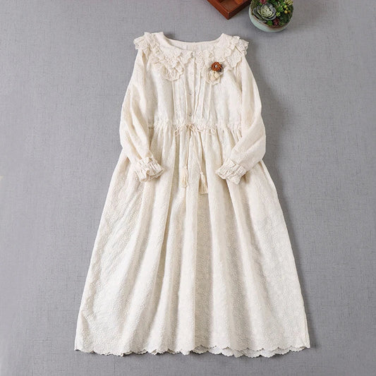 vmtvr  -  sweet girl solid embroidery flower cotton dress Japan style peter pan collar long sleeve midi dress lolita fairy dress