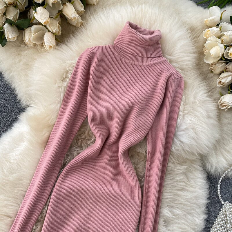 Sweater Dress Winter Turtleneck Warm Long Sleeve Knit Dress Korean Fashion Casual Solid Women Midi Bodycon Dress