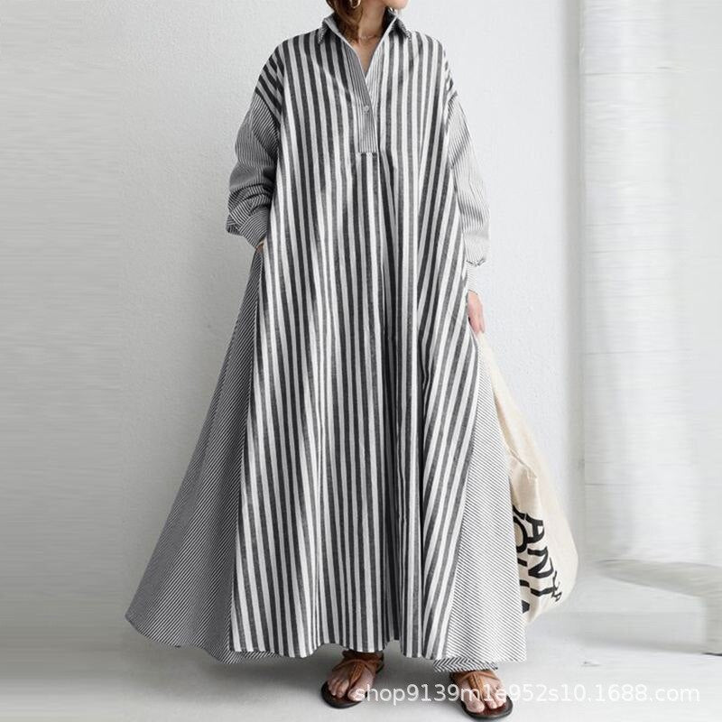 vmtvr - Autumn Casual Loose Maxi Dress Women Vintage Turn-down Collar Striped Shirt Boho Beach Wedding Long Office Vestidos