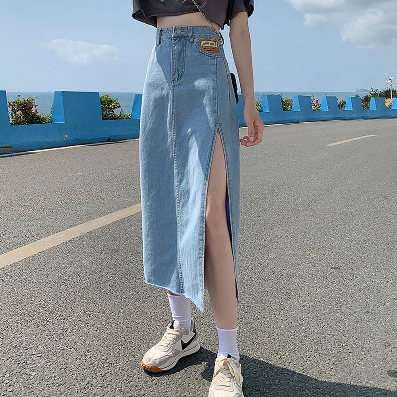 vmtvr High Waist Women Denim Skirt Split Fashion A Line Streetwear Jeans Long Skirt Korean Black Summer Causal Ladies Faldas