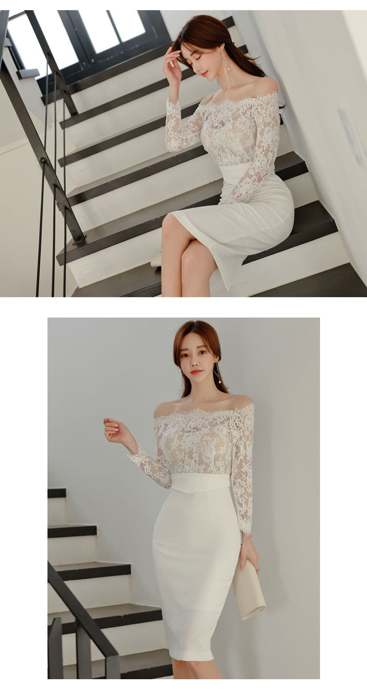 new arrival fashion korean spring midi party dress women OL temperament lace perspective sexy off-shoulder holiday pencil dress