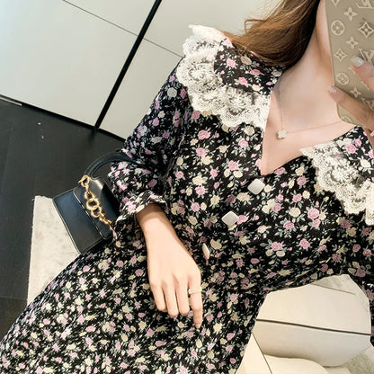 vmtvr 2024 Spring Autumn Vintge Floral Chiffon Midi Dress Women New Korean Light Casual Beach Sundress Elegant Bodycon Party Vestidos