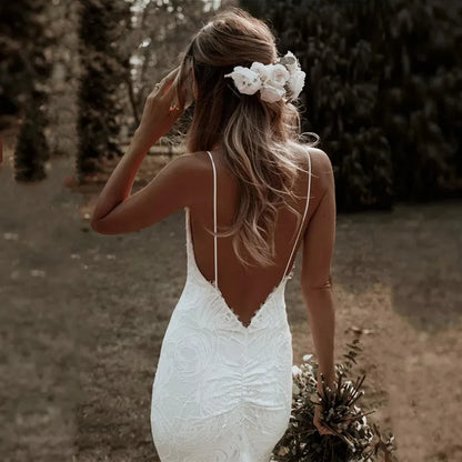 vmtvr - Boho Mermaid Wedding Dresses Spaghetti Straps  Lace Backless Beach Sexy V-Neck Bohemian Bridal Gowns Elegant Vestidos De Noiva