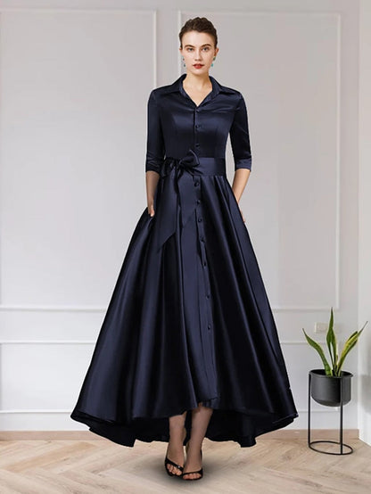 vmtvr On Sale Charming Dark Navy Mother of the Bride Dresses with 3/4 Sleeves V Neck Bow Belt Wedding Party Dresses High Low 2023