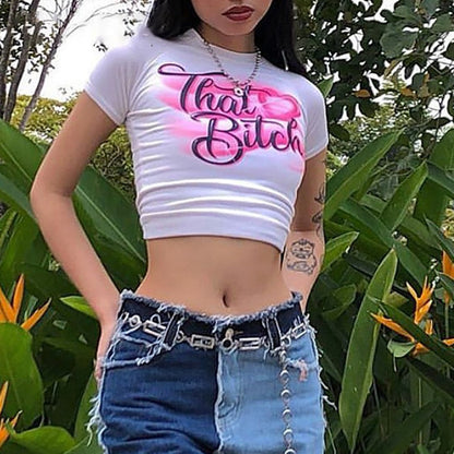 -Fall Outfits  2000S Streetwear O-Neck Short Sleeve T-Shirts Y2K Fashion Letter Print Cute Baby Tees Summer E-Girl White Crop Tops Slim