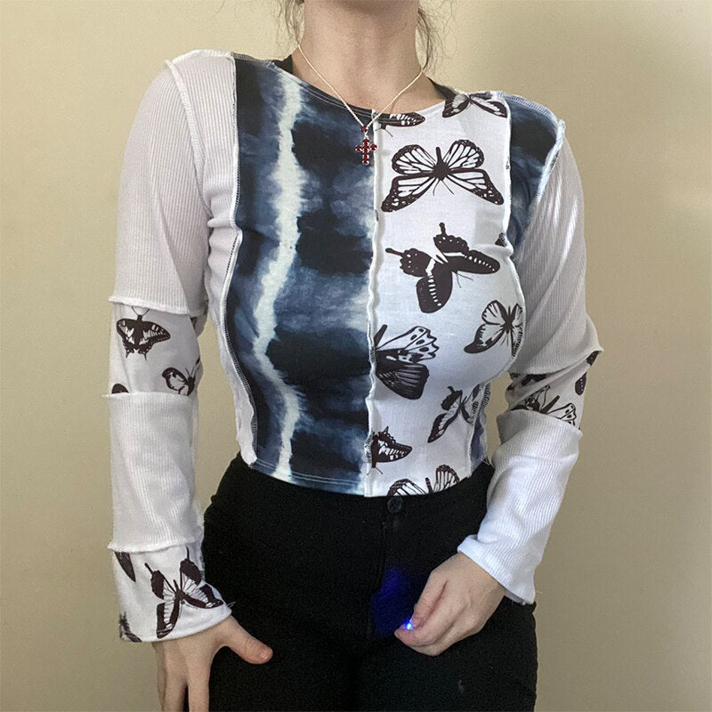 -Fall Outfits -Fall Outfits Long Sleeve Top  Vintage Patchwork Split Crop Top Tees Women Gothic Long Sleeve Embroidery Casual Aesthetic Girls T-Shirts Autumn  Iamhotty