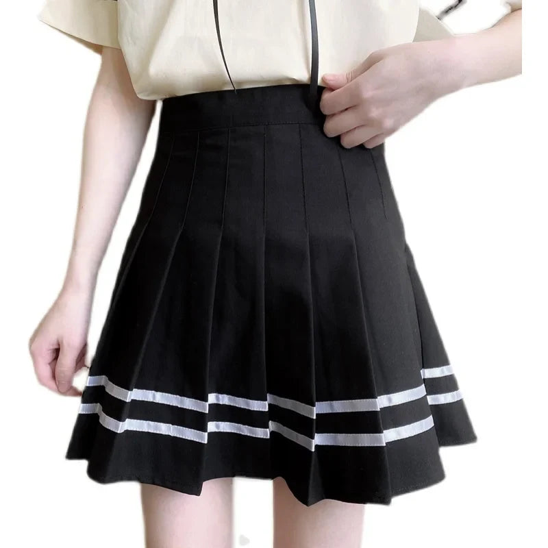 vmtvr Black Striped Women Pleated Skirt Summer High Waist A Line Ladies Sexy Mini Skirt Japan Zipper Preppy Girls Dance Skirts