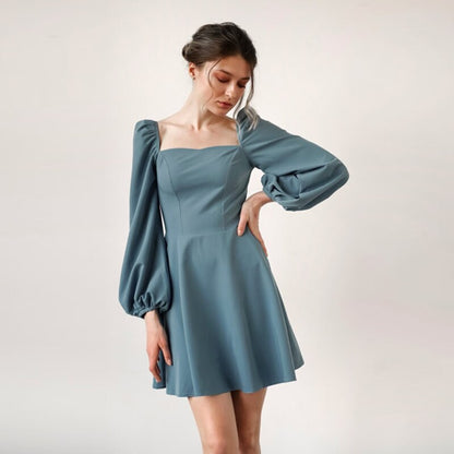 vmtvr - Casual Square Neck Puff Sleeve A-Line Dress Autumn Backless High Waist Elegant Vintage Party Mini Dresses For Women