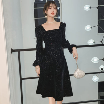 vmtvr - Korean Square Collar Sequins Elegant Velvet Dress Women Flare Long Sleeve Backless Maxi Dress Office Lady High Waist Slim Dress