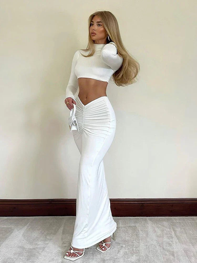 vmtvr Elegant White Long Sleeve 2 Piece Set Outfits for Women Club Party Top and Dress Sets Long Ruched Matching Sets