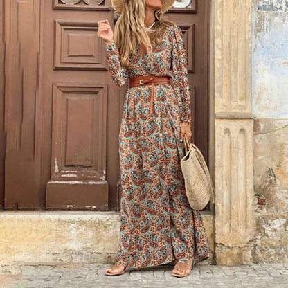 vmtvr Autumn Dress  Women New Fashionable Bohemian V-neck Floral Print Long Dress Female Short Sleeve Sexy High Split Maxi Dresses