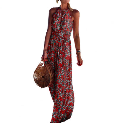 Summer Boho Floral Print Long Party Dress Women Elegant Halter Sleeveless Maxi Dress Spring Backless Hollow Out Dresses