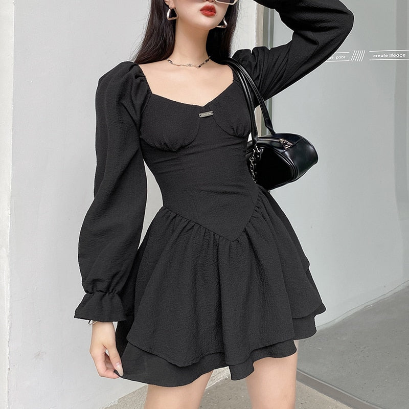 vmtvr - Fashion Elegant Puff Sleeve Black Dress Women Corset Autumn Pleated Sexy Party Dress Mini Double Layer Ruched Clothes