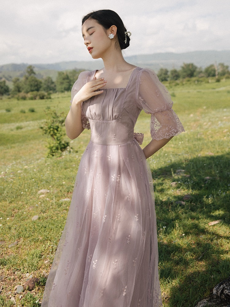 Summer Mesh Lace Fairy Dress Woman Romantic Vintage Light Purple Embroidery Floral Petal Sleeve Elegant Lady Midi Dresses