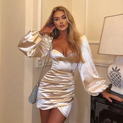 Party Dresses For Women Outfits New Slip Satin Dress Long Sleeve Sexy Evening Dresses Backless Tube Top Pleated Sequins Party Dresses for Women Summer Dress