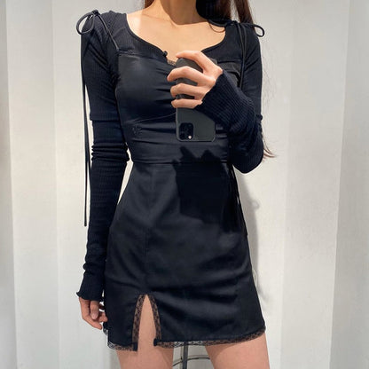 vmtvr -  Strappy Satin Ruched Black Dress Mini Lace Spliced Side Split Sexy Dress Female Sundress Backless Ladies Dresses