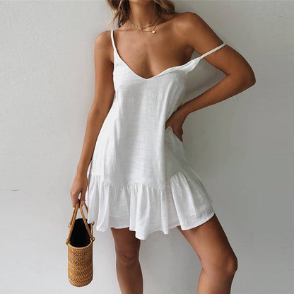 Summer Sexy Spaghetti Strap Backless Short Dress Women New V-neck Solid Casual Loose Ruffles Beach Holiday Cotton Mini Vestidos