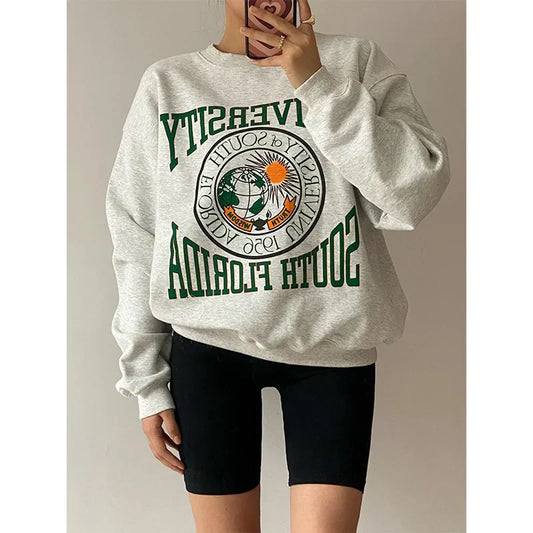 -Retro sports style outfit streetwear 90s fashion American Vintage University of South Florida Print Female Thick Pullover Long Sleeve Thick  Autumn Winter Grey Sweatshirts