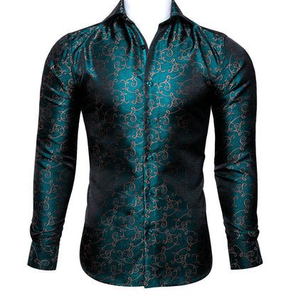 Luxury Red Paisley Silk Shirts Men Long Sleeve Casual Flower Shirts For Men Designer Fit Dress Shirt