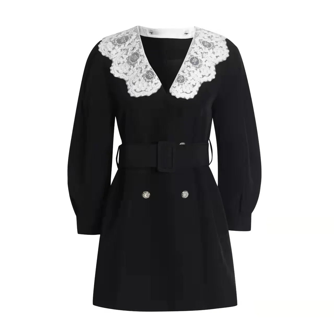 vmtvr Puff Sleeve Black Party Dress Women Lace Patchwork Blazer Mini Dress with Belt French Double Breasted Winter Dress Sweet