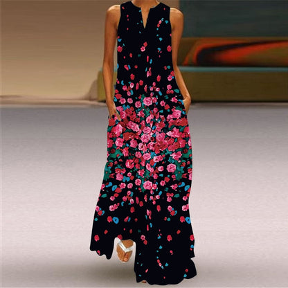 Vintage Print Women Sundress  Summer Fashion Sexy V-neck Sleeveless Long Dresses with Pocket Casual Lady Maxi Dress Vestidos