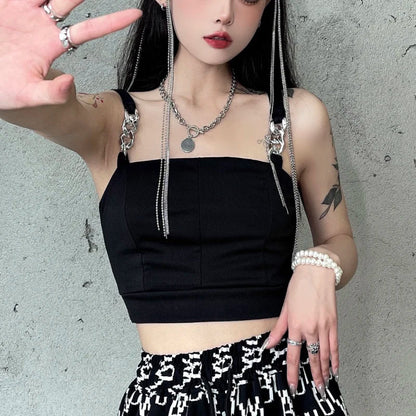 vmtvr Fashion Chain Women Crop Tops Black Sexy Gothic Camis Summer Slim Streetwear Stretch Y2k Female Tank Bustier Tops New