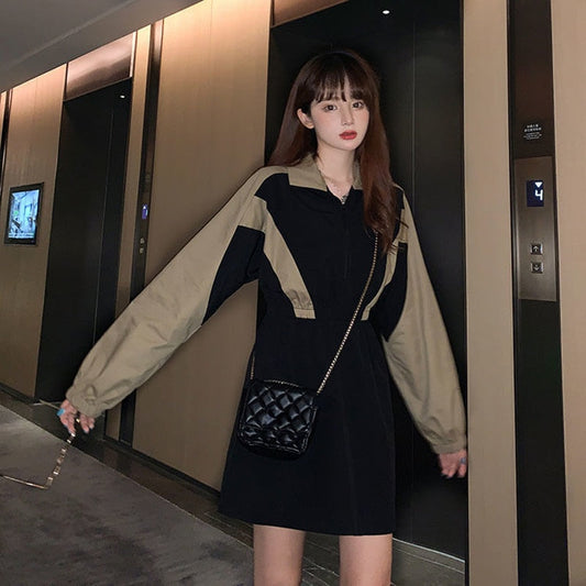 Women Vintage Color Contrast Front Zipper Mini Dress Long Sleeve Turn Down Collar Solid Casual Dress Winter Fashion Dress