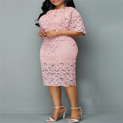 vmtvr 5XL 6XL Women Summer Autumn  Dress Elegant  Pink Lace Dress Female  Evening Party Dresses Vestido Oversized