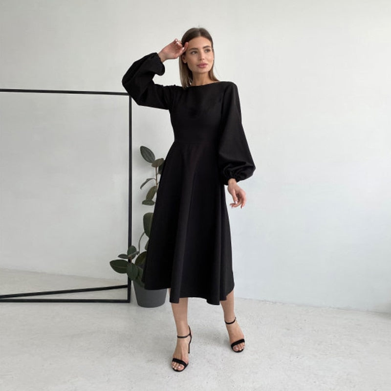 vmtvr - CHURSES Sexy Backless Midi Dress Lantern Sleeve O-Neck Autumn Folds A-Line Fashion Party Night Club Long Dresses For Women