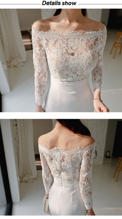 new arrival fashion korean spring midi party dress women OL temperament lace perspective sexy off-shoulder holiday pencil dress