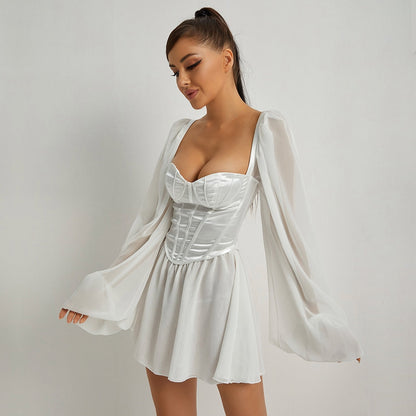 New Ladies Summer White Dress Sexy Wedding Party Wear Chic Chiffon Satin Patchwork Mini Dress Elegant Backless Outfits