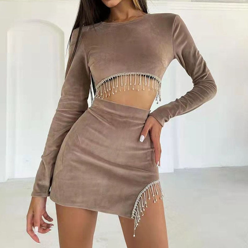 Velvet One Shoulder Long Sleeve Mini Dress Tassel Bodycon Hollow Out Backless Sexy Party Dresses Club Vestidos ASDR80358