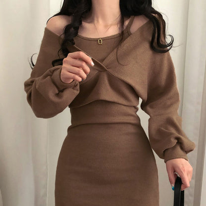 Sexy Solid Knitted Mini Dress Women Two Piece Set Skinny Dresses and Long Sleeve Knitted Cardigan Harajuku Dress Vestidos