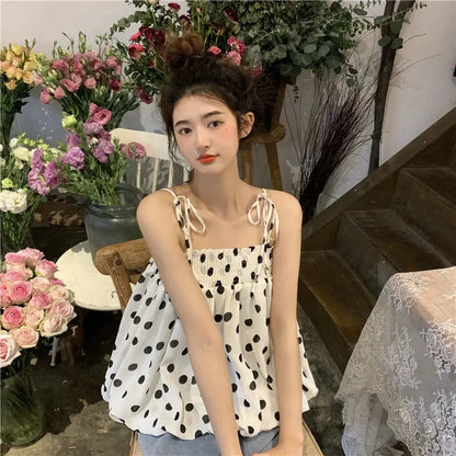 vmtvr Polka Dot Tanks Camis Women Summer Casual Folds Backless Design Korean Chic Tops Female French Chiffon Short Party Clothing