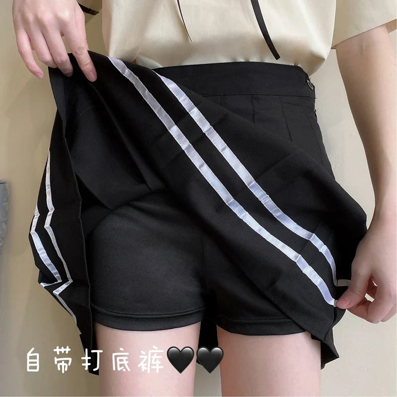 vmtvr Black Striped Women Pleated Skirt Summer High Waist A Line Ladies Sexy Mini Skirt Japan Zipper Preppy Girls Dance Skirts