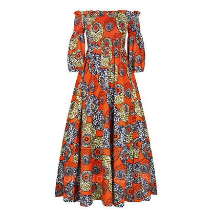 vmtvr African National Print Party Dress Women Casual Sexy Slash-neck Lady Maxi Dress New Vintage Long-sleeved Loose Elegant Dress