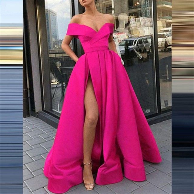 Sexy Off Shoulder Backless Slit Maxi Dress Elegant Strapless Solid Club Party Dress Summer Women Short Sleeve Boho Long Dresses