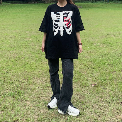 Halloween Oversized T-Shirt Female Top Y2k Harajuku Tops Retro Print Skull Bone Loose T-Shirts With Short Sleeve Anime Graphic Shirt