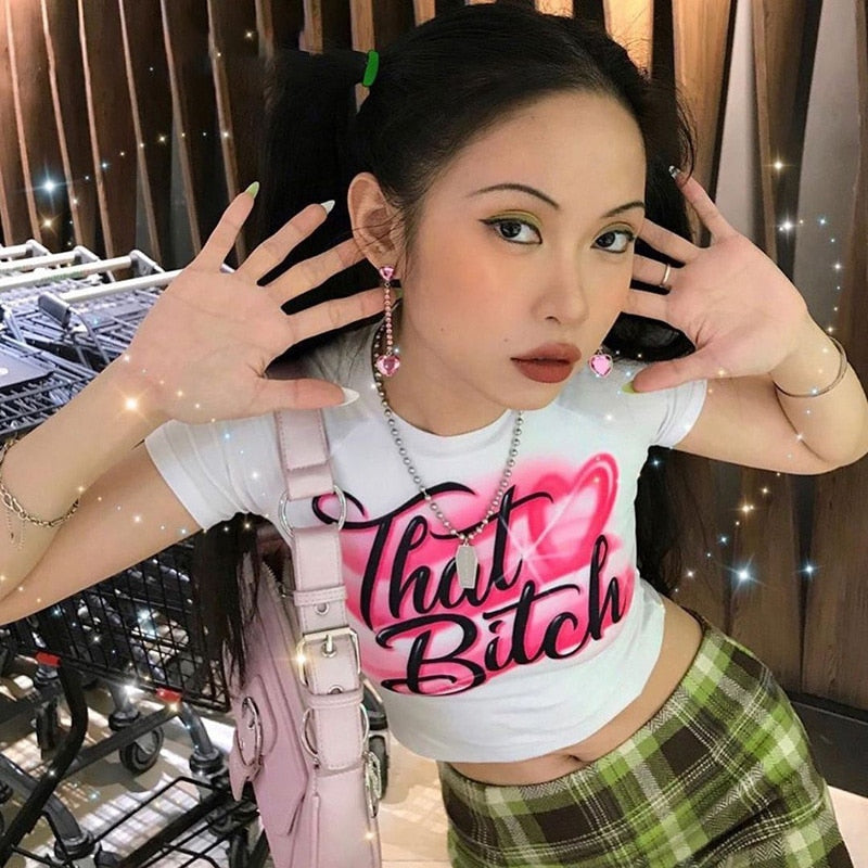 -Fall Outfits  2000S Streetwear O-Neck Short Sleeve T-Shirts Y2K Fashion Letter Print Cute Baby Tees Summer E-Girl White Crop Tops Slim