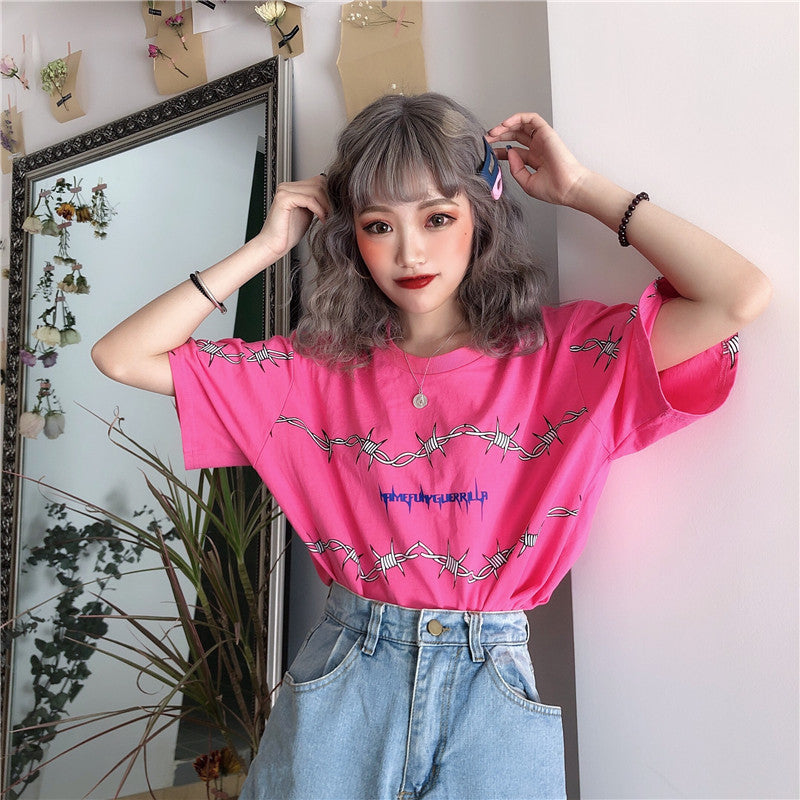 Loose Short Sleeve Unisex Tees Couple Clothes Grunge Tumblr Tops Bf Harajuku Women's T-Shirts Thorns Pattern Streetwear T Shirt